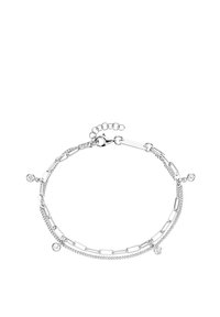 Silver chain bracelet featuring varying link shapes, small round accents, and a clasp with an adjustable chain extension.