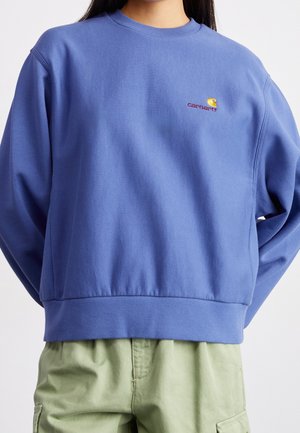 Personne portant un sweat-shirt Carhartt bleu uni et un pantalon cargo vert clair, debout avec les mains derrière le dos.