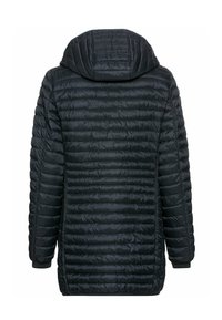 Schwarze Daunenjacke mit wattierter, gesteppter Textur, Kapuze und langen Ärmeln; entworfen für Wärme und Schutz vor den Elementen.