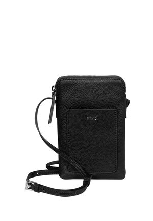 Black leather crossbody bag with a textured surface, zip closure, front pocket, and adjustable strap. Compact rectangular design.