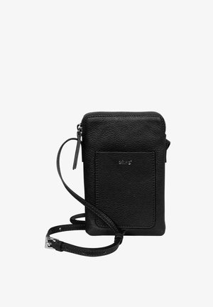 Black leather crossbody bag with a textured surface, zip closure, front pocket, and adjustable strap. Compact rectangular design.