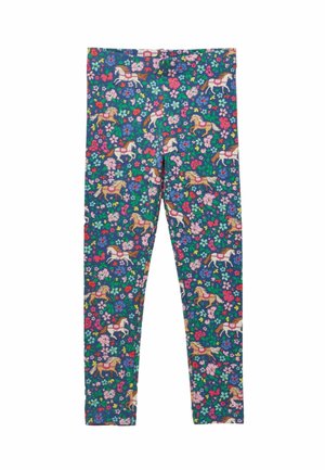 Kinderleggings mit einem bunten Blumen- und Pferdemotiv auf dunkelblauem Hintergrund, mit pinken, roten, grünen und blauen Blumen.