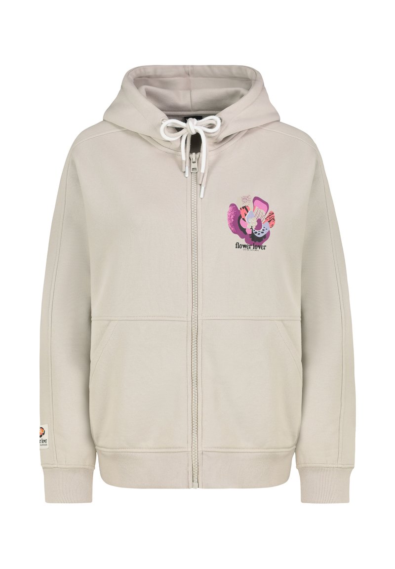 Beige zip-up hoodie met een capuchon met trekkoord, geribbelde manchetten en een voorzak. Bevat een kleurrijk bloemontwerp op de borst. Zacht materiaal.