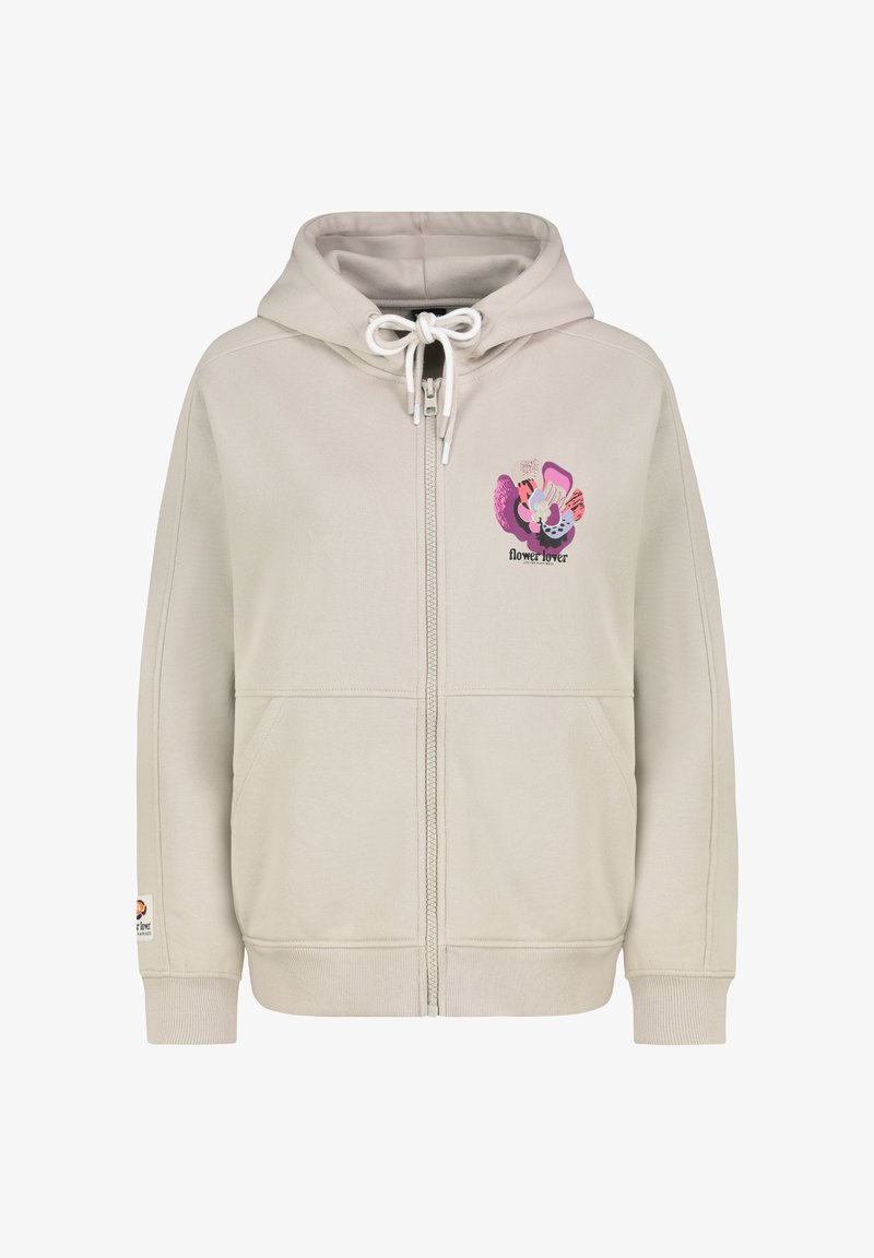 Beige zip-up hoodie met een capuchon met trekkoord, geribbelde manchetten en een voorzak. Bevat een kleurrijk bloemontwerp op de borst. Zacht materiaal.