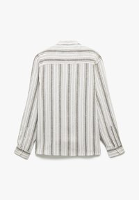 Witte blouse met lange mouwen en verticale grijs- en bruinstrepen. Heeft een ontspannen pasvorm en knoopmanchetten. Gelaagd stof met een subtiele glans.