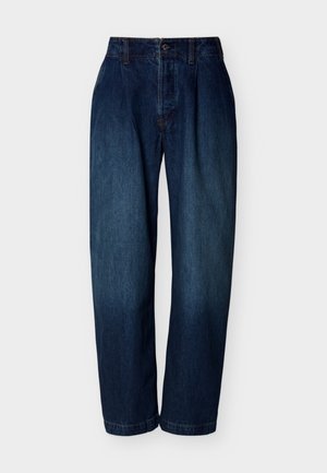 Dark blue high-waist straight-leg jeans with button and zipper closure, belt loops, and subtle stitching details on a white background.
