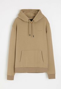 Beżowa bluza z kapturem, z kieszenią z przodu, sznurkiem w kapturze i ściągaczem u dołu. Wykonana z miękkiego materiału, o minimalistycznym wzornictwie, z subtelnym logo.