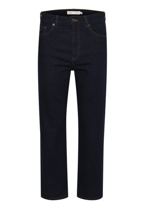 Dunkelblaue Jeans aus Denim mit geradem Schnitt, Fünf-Taschen-Design, sichtbaren Nähten und einem klassischen Knopfverschluss am Bund.