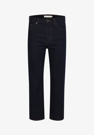 Jeans de mezclilla azul oscuro con corte recto, diseño de cinco bolsillos, costuras visibles y un cierre de botón clásico en la cintura.