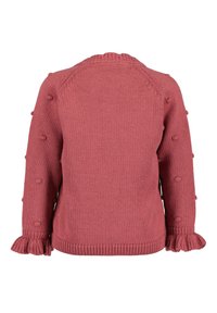 Svetr s kabelovým pletením v růžové barvě, s texturovanými bobble detaily na rukávech a volánkovými manžetami. Hladký povrch, kulatý výstřih a přiléhavý střih.