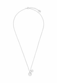 Collana d'argento con due pendenti sferici, uno più grande e uno più piccolo, caratterizzati da superfici lisce e una finitura riflettente.