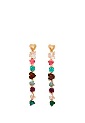 Pendientes de botón en forma de corazón de oro con una fila vertical de piedras preciosas redondas y en forma de corazón multicolores en rosa, azul, púrpura, marrón y verde.