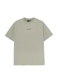 Kortærmet T-shirt med rund hals i lys grøn bomuld med et subtilt "R.L.X." logo trykt i grå på brystet. Solid tekstur og design.