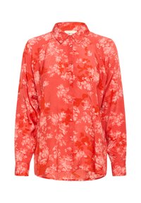 Rotes Langarm-Hemd mit Knopfleiste, leichtem rosa Blumendesign und spitzem Kragen, auf einem weißen Hintergrund präsentiert.