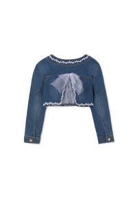 Giacca in denim cropped con maniche lunghe, bordo in pizzo al collo e dettaglio in tulle a forma di fiocco sul retro. Presenta bottoni decorativi ai polsini.