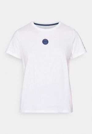 White cotton t-shirt with short sleeves, featuring a round neck and a blue circular logo design on the chest. Smooth texture.