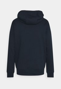 Felpa blu navy realizzata in tessuto morbido, con cappuccio a doppio strato, maniche lunghe e orlo con dettagli a costine.