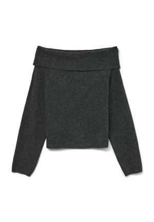 Pull-over gris foncé à épaules dénudées avec manches longues, col côtelé et tissu en maille texturée. Design court.