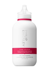 Weiße Kunststoffflasche mit geschwungener Form, versehen mit einem weißen Deckel und einem rosa Akzentband. Das Etikett zeigt "Philip Kingsley Pure Colour" und Verwendungshinweise.