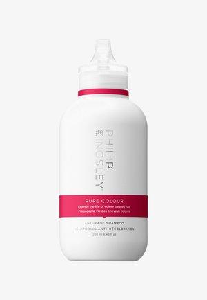 Bottiglia di plastica bianca con una forma curva, dotata di un tappo bianco e una fascia rosa accentata. L'etichetta mostra "Philip Kingsley Pure Colour" e dettagli sull'uso.