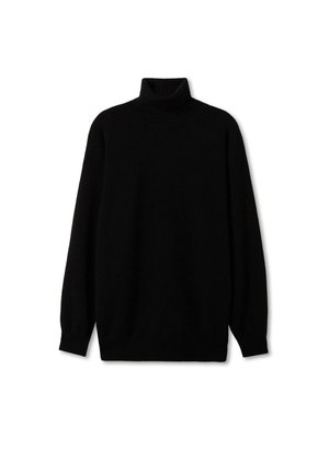 Schwarzer Rollkragenpullover aus weichem Material, mit einem lockeren Schnitt, langen Ärmeln sowie gerippten Bündchen und Saum. Keine sichtbaren Muster oder Akzente.