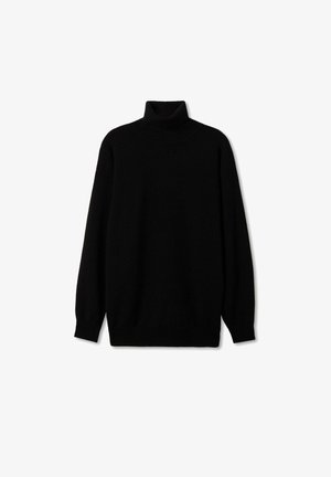 Czarny sweter z golfem, wykonany z miękkiego materiału, o luźnym kroju, z długimi rękawami oraz ściągaczami na mankietach i dolnej krawędzi. Brak widocznych wzorów lub akcentów.