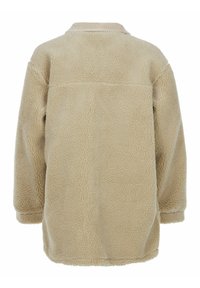 Beige, langärmelige Fleecejacke mit hohem Kragen und weicher, strukturierter Oberfläche, von hinten gezeigt.