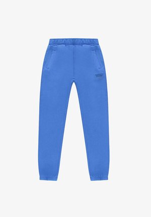 Blauwe joggingbroek gemaakt van zachte, gestructureerde stof. Kenmerken zijn een elastische tailleband, zijzakken en een slim-fit ontwerp.