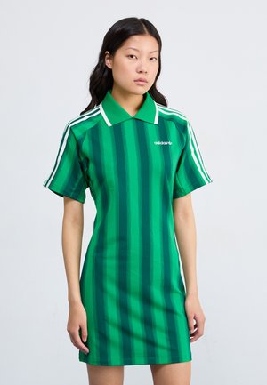 Green striped dress with a collared neckline, short sleeves, and white accents. Features a small white logo on the chest.