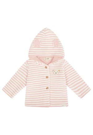 Veste bébé rayée rose et blanche avec capuche ornée d'oreilles d'ours et petite écusson en forme de visage d'ours sur la poitrine, fermée par trois boutons en bois.