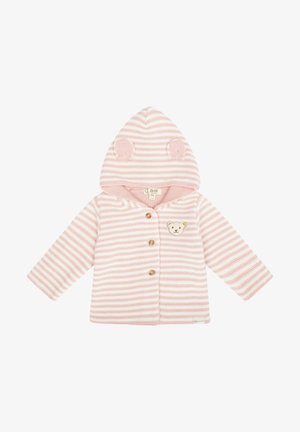Różowo-biała kurtka dla niemowląt w paski, z kapturem ozdobionym uszkami misia oraz małą naszywką z misiową buźką na piersi, zapinana na trzy drewniane guziki.