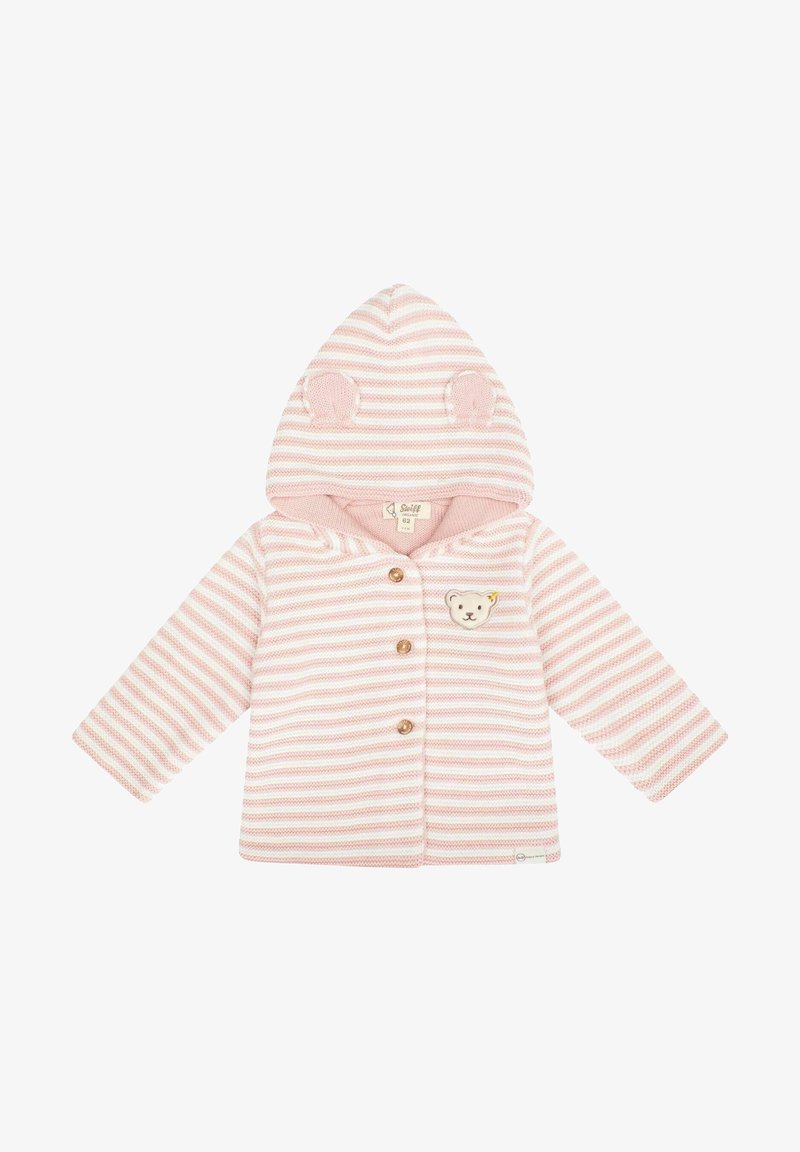 Veste bébé rayée rose et blanche avec capuche ornée d'oreilles d'ours et petite écusson en forme de visage d'ours sur la poitrine, fermée par trois boutons en bois.