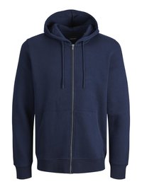 Donkerblauwe rits-hoodie gemaakt van zachte stof, met een verstelbare capuchon, voorzakken en ribbelboorden en -zoom.
