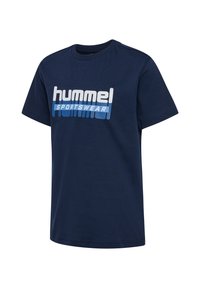 Navy blue short-sleeve T-shirt with "hummel SPORTSWEAR" text logo in white and blue on the front.