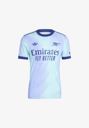 Light blue short-sleeve jersey with a patterned design, featuring "Emirates Fly Better" logo, and Adidas logo in dark blue accents.
