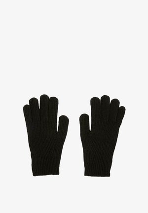 Fekete kötött kesztyű, bordázott felülettel, ötujjas dizájnnal, kiegészítő minták vagy hardver nélkül. Hideg időjárásra alkalmas.