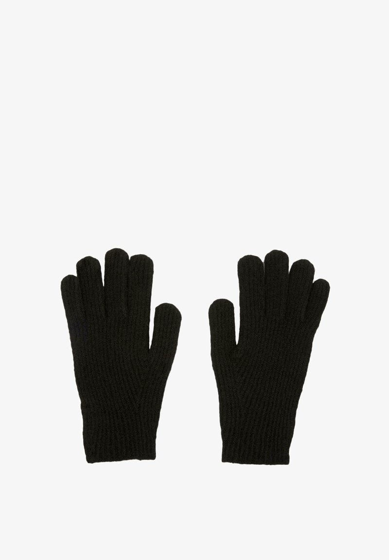 Fekete kötött kesztyű, bordázott felülettel, ötujjas dizájnnal, kiegészítő minták vagy hardver nélkül. Hideg időjárásra alkalmas.