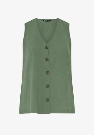 Ärmellose, olivgrüne, strukturierte Bluse mit V-Ausschnitt und fünf großen braunen Knöpfen an der Vorderseite.