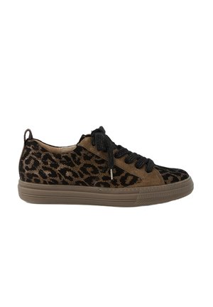 Brown and black sneaker with a leopard print design, suede material, round toe, black laces, and a textured rubber sole.