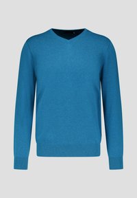 V-hals trui in teal, met lange mouwen, ribgebreide manchetten en zoom, en een gladde textuur. Eenvoudig, strak ontwerp.