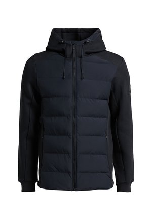 Giacca con cappuccio navy, con parte anteriore imbottita, design elegante, tessuto a contrasto sulle maniche, coulisse regolabile e tasche con zip.