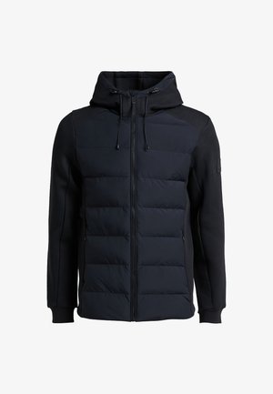 Marineblauwe hoodie met een gewatteerde voorkant, slank ontwerp, contrasterende stof op de mouwen, verstelbare trekkoord en ritssluitingen op de zakken.