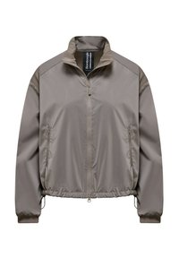 Lichte beige bomberjack, gemaakt van glad materiaal, met een ritssluiting aan de voorkant, hoge kraag, elastische manchetten en zijzakken.