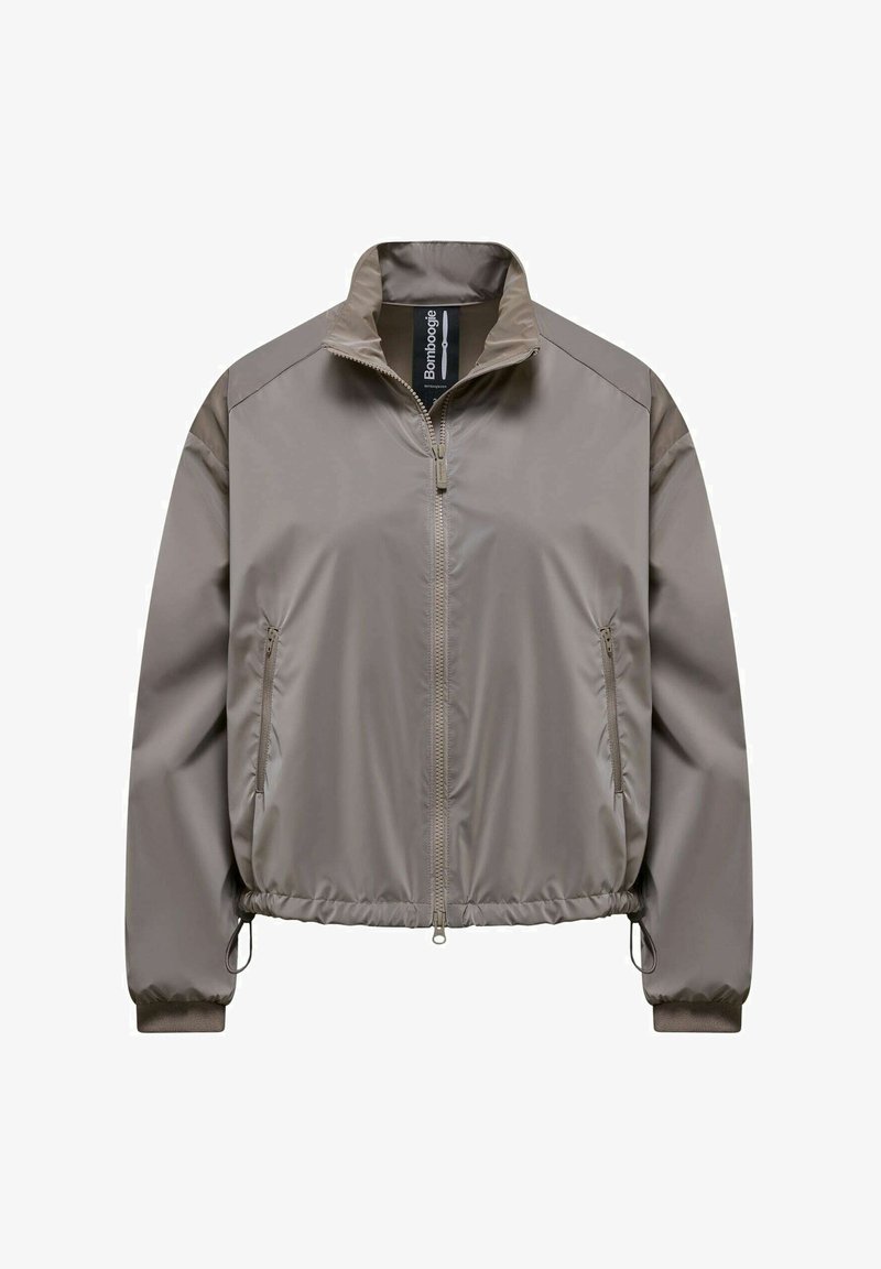 Lichte beige bomberjack, gemaakt van glad materiaal, met een ritssluiting aan de voorkant, hoge kraag, elastische manchetten en zijzakken.
