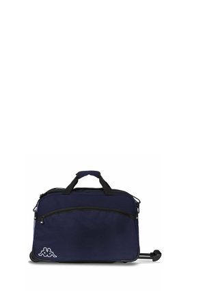 Sac de voyage bleu marine à roulettes avec poignées supérieures, poche avant zippée et poignée télescopique rétractable déployée.