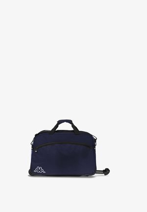 Borsa da viaggio blu navy con ruote, maniglie superiori, tasca frontale con cerniera e manico telescopico estensibile aperto.