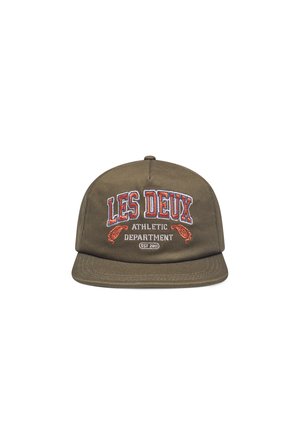 Olive green cap made of cotton with a flat brim. Features embroidered red text reading "LES DEUX" and decorative details. Adjustable back strap.