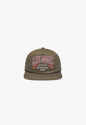 Olive green cap made of cotton with a flat brim. Features embroidered red text reading "LES DEUX" and decorative details. Adjustable back strap.