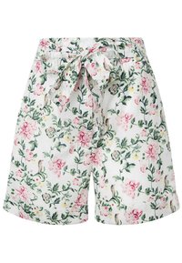 Pantalones cortos de algodón blanco con estampado floral en rosa y verde. Cuentan con una cintura ajustable y dobladillo enrollado para un ajuste relajado.