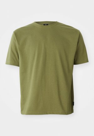 Olive green short-sleeve t-shirt made from soft cotton, featuring a round neckline and a straight cut with a side seam label.